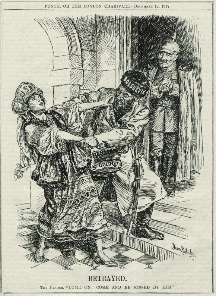 Historische Karikatur: Eine Frau zieht an einem Bolschewiken, während ein Mann im Hintergrund zusieht.